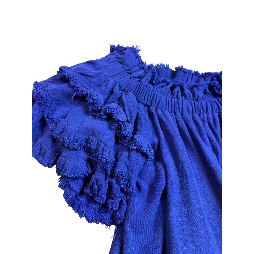Umgee Royal Blue Linen Blend Ruffle Flutter Sleeve Boho Peasant Top Medium C2284 - Picture 4 of 9